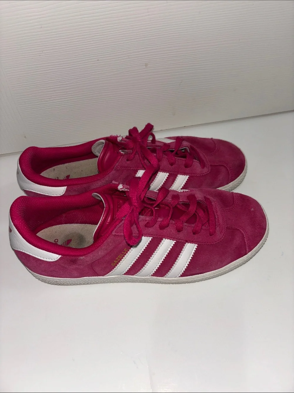 adidas Men’s Fuchsia Suede Gazelle Sneakers with White Stripes